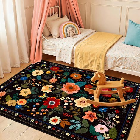 1 Tapis, Motif floral, Antidérapant, Poils courts, Salon, Chambre, Cuisine (1/5)