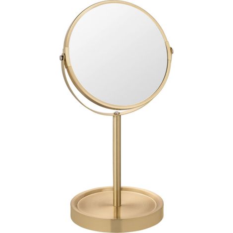 Miroir grossissant sur pied 17 cm – Double face 3x – Acier et verre doré – Base avec rangement pour accessoires – Miroir cosmétique élégant