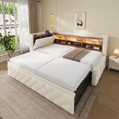 Canapé-lit gigogne 90x190 cm avec rangement dans l'accoudoir, tête de lit avec étagère, LED, USB et Type-C, sommier à lattes, velours beige (1/5)