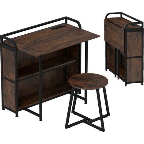 Folding Computer Desk with Stool, Storage Shelves & AC Outlets Home Office Study Workstation (1/5)