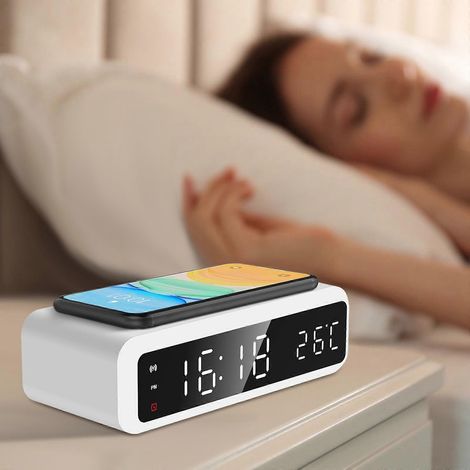 Réveil à chargement sans fil 15W avec veilleuse, écran HD, alarme, affichage de la température, compatible avec les téléphones Samsung.