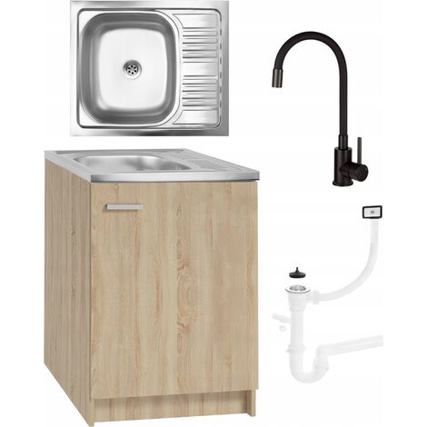 Sonoma Eichen-Küchenschrank – 60 x 50 cm – Edelstahlspüle – Schwarze, flexible Armatur – Küche