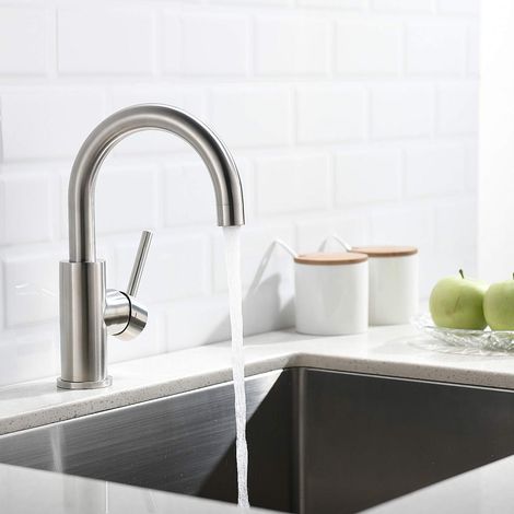 Mitigeur lavabo pivotant 360° – Acier inoxydable brossé – Hauteur sous bec 14.5cm – Débit 9L/min – Installation sur plan de travail – Faustina (1/5)