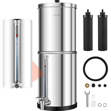 Système de Filtration d'Eau par Gravité 5,68 L Filtre à Gravité Inox, Pour Camping, Fontaine Filtrante Réduction du Plomb et Jusqu'à 99 % du Chlore, 2 Cartouches à Charbon, Jauge de Niveau d'Eau (1/5)