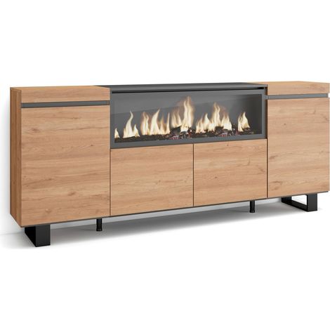 Buffet Salon et Cuisine Meuble de Rangement, Commode 210 4 Portes Cheminée électrique XXL Design Industriel Style Moderne Chêne (1/5)
