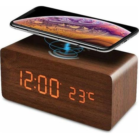 VURAHOME - Réveil Numérique, Horloge en bois rechargeable sans fil,Alarm Réveil LED avec TempératureSnooze pour Enfant,Maison,Couleur du bois de bambou (1/4)