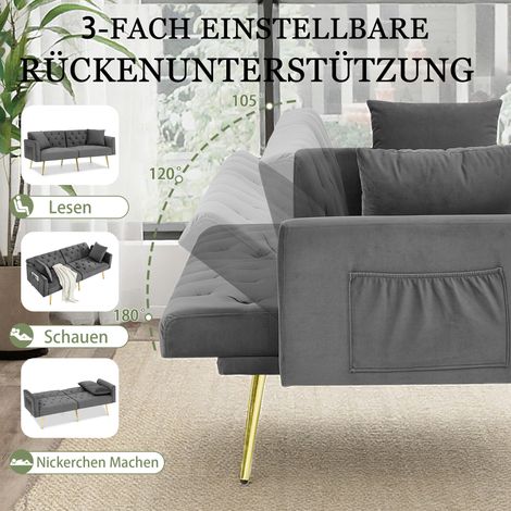 Canapé deux places moderne en velours, dossier réglable en 3 positions, 2 coussins inclus, pieds en métal robustes, doux et confortable pour salon, appartement en location, petit appartement, gris (1/5)