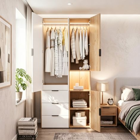 Armoire de Chambre avec Éclairage LED et Tiroir à Bijoux, 90 x 49 x 200 cm, avec 2 Penderies, Bandeaux LED et 4 Tiroirs, Armoire Moderne à Portes Battantes pour Chambre, Salon et Chambre d'Enfant (1/5)