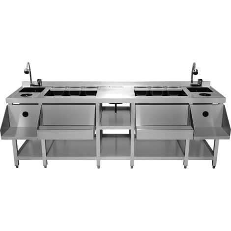Station Double pour Bar à Cocktails en Inox Bac à Glace Isolé Évier Robinet de Mitigeur 360° Rafraîchisseur de Verres Étagère pour Mixeur Speed Rail Bacs Gastros CHRD HORECA [Shaker Boston INCLUS]
