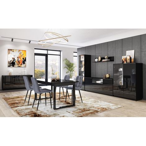 Esszimmer Möbel Set schwarz HOOVER-83 mit Glasfronten und Beleuchtung