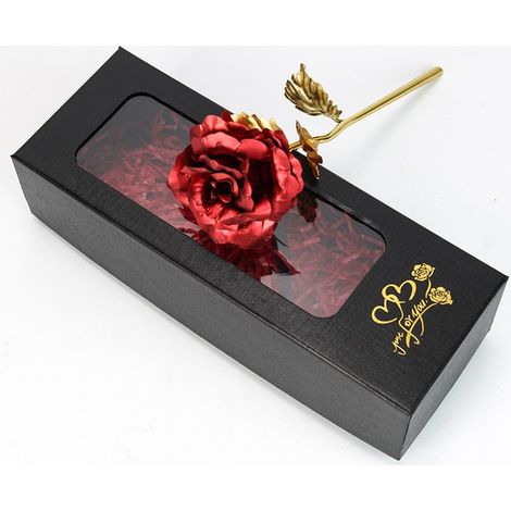 Rose éternelle en or rose, rose scintillante, coffret cadeau, rose rouge romantique, boîte de présentation noire et ruban de raphia offert.