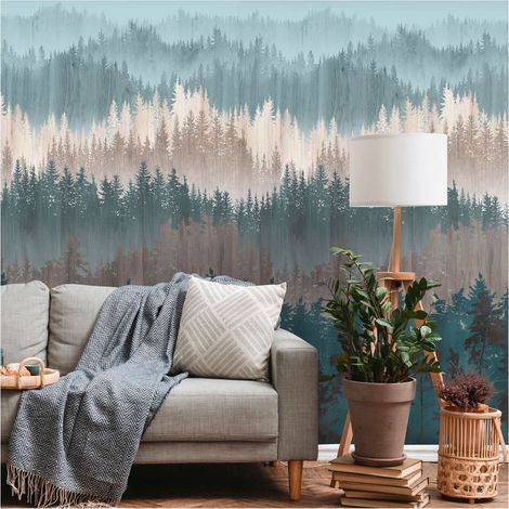 Photo wallpaper wall Profhome 391811 hot embossed non-woven wallpaper smooth with forest motif matt blue beige brown teal cream 1,59 m x 2,8 m (1/5)