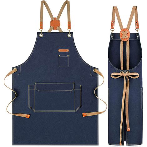 Tablier de coiffure en toile bleu foncé avec détails en cuir et bretelles croisées au dos, plusieurs compartiments de rangement pour le barista du salon et les travaux manuels. (1/2)