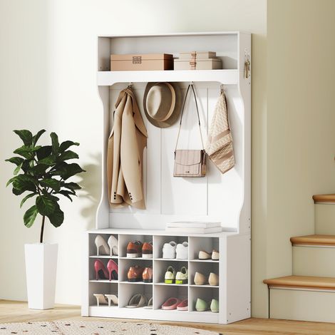Armadio con ripiano, panca, ganci, scomparti per scarpe, in truciolato, MDF, bianco