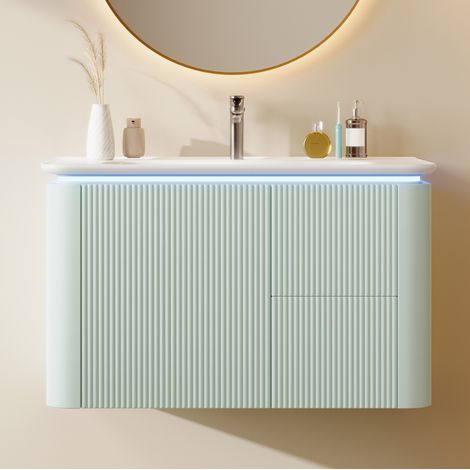Mobile lavabo sospeso con lavabo in ceramica e LED con sensore, 80,5 cm, verde OKMYHOME (1/5)