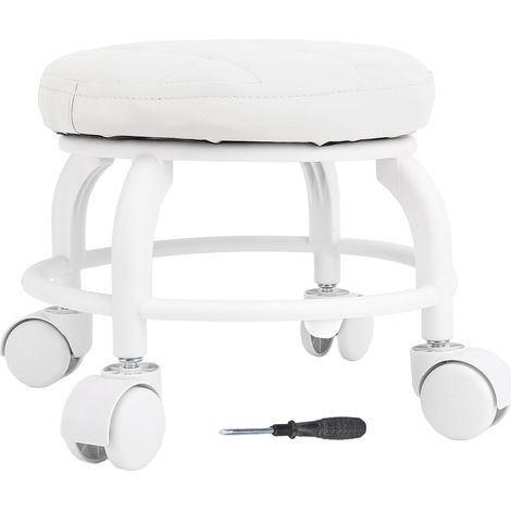 Decdeal Siège à roulettes bas tabouret en cuir PU roue muette chaise ronde pivotante en hauteur pour bureau à domicile Garage magasin blanc