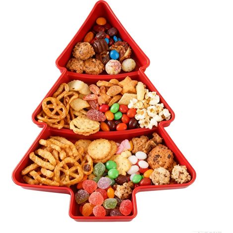Plateau de Service en Forme de Sapin de Noël Rouge, 3 Compartiments, Assiette à Apéritifs Réutilisable en Plastique PP, Plateau à Friandises et Fruits (1/5)