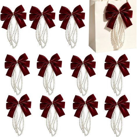 Lot de 12 Noeuds Décoratifs pour Sapin de Noël, Ornements Couleur Bordeaux, Noeuds à Perles pour Branches, Couronne de Porte. (1/5)