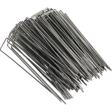 Lot de 100 piquets de jardin en forme de U, en acier galvanisé, pour tuteurs, toiles de paillage, décorations de gazon synthétique, épaisseur 3 mm/0,12 pouce (1/5)