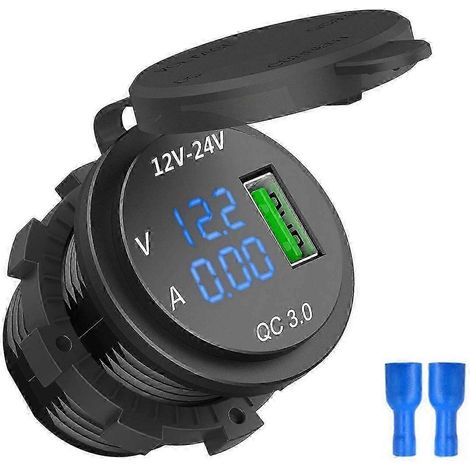 Lot de 2 chargeurs de voiture à charge rapide 12 V/24 V avec port USB et voltmètre/ampèremètre LED - Noir + Vert et Noir + Bleu WHBYV (1/4)