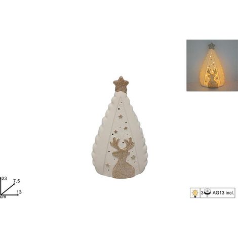 Decorazione Natalizia Albero di Natale Bianco con Renna Glitterata e Luci 23 cm