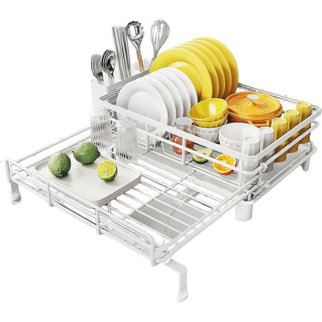 Égouttoir à vaisselle extensible pour évier et plan de travail passoire inoxydable avec porte-ustensiles blanc (1/5)