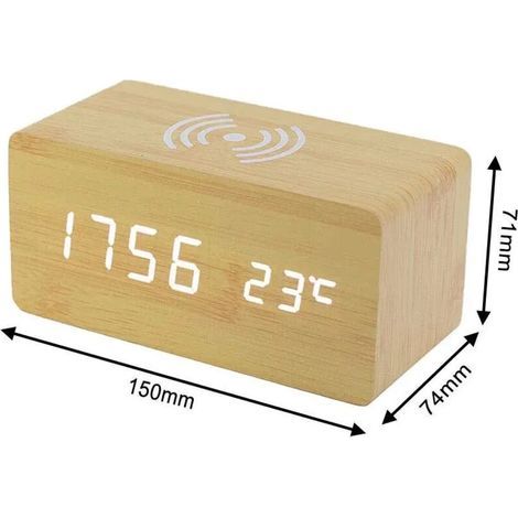 Thermomètre Numérique Réveil Réveil Numérique Bois Réveil À Bois LED Digital avec Chargeur sans Fil, Réveil en Bois avec Chargeur À Induction Chargeur sans Fil pour Chambre/Bureau (1/4)