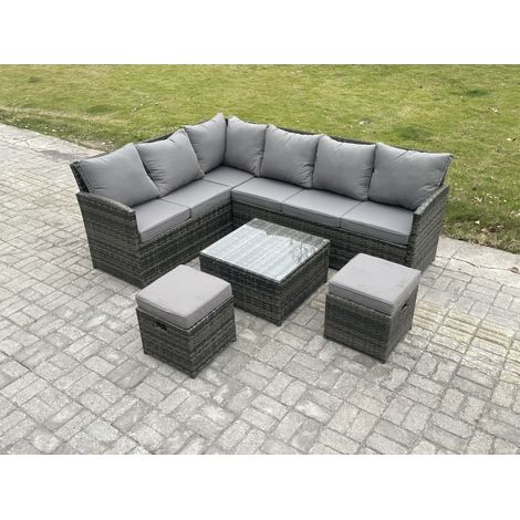 Fimous 8 Seater Outdoor Garden Furniture Set Wicker PE Rattan Corner Sofa Set with Square Coffee Table 2 Small Footstools Dark Grey Mixed