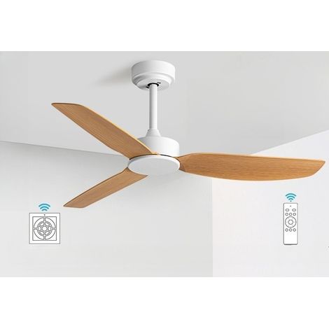 Ventilateur plafond 114 cm sans lumière, 3 pales, moteur DC réversible, 6 vitesses, minuterie, 3 pales, Commande par interrupteur mural, Finition bois (1/2)