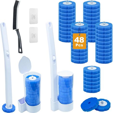 Lot de 2 brosses WC jetables et support, avec 48 recharges de nettoyant pour toilettes, système de nettoyage jetable, montage mural ou au sol, pour salle de bain, évier, baignoire et nettoyage du sol (1/5)