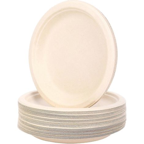 Lot de 100 assiettes rondes jetables compostables de 18 cm en papier bagasse, biodégradable, couleur naturelle. (1/5)