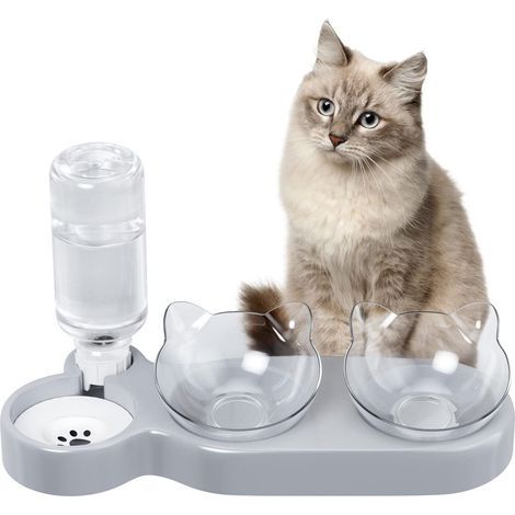 Juego de 3 cuencos, cuenco doble, cuencos para gatos que se inclinan a 15°, cuenco elevado (1/5)