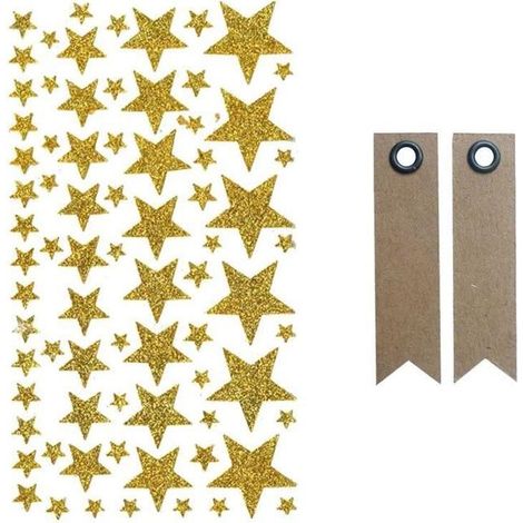 Stickers étoiles à paillettes dorées + 20 étiquettes kraft Fanion