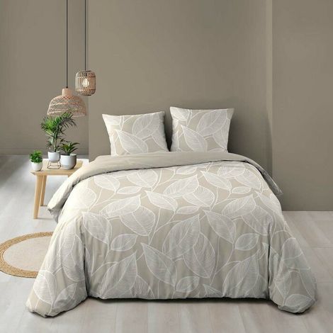 Housse de couette 240 x 220 cm coton 57 fils imprimé feuillage AMANDA Naturel + 2 taies