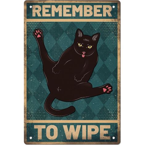 Plaque en étain métallique vintage de chat noir, Plaque d'art drôle, Affiche, Plaques en étain décoratives murales rétro "Remember to Wipe" (Rappelez-vous de vous essuyer) 20x30 cm pour la maison, cui (1/5)