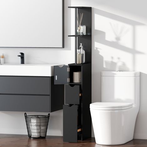Meuble de rangement haut et étroit pour salle de bain, avec tiroirs et étagères ouvertes, idéal pour les petits espaces. Solution de rangement moderne pour salle de bain. (1/5)