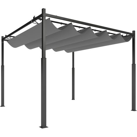 Pergola d'environ 3 x 3 m, abri de terrasse autoportant avec toit coulissant, fixation magnétique, poteaux de 8 cm, résistant aux UV