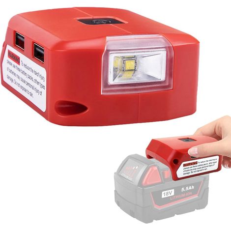 Adaptateur Batterie Rouge, 18V Lithium-ION Chargeur 8 × 6 × 3.5mm, Lampe de Travail LED avec Double Chargeur USB et Port 12 V DC, Source d'alimentation 14.4-21V, pour Milwaukee M18 (Rouge) (1/5)