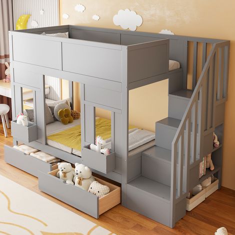 Lit superposé enfant avec escalier de rangement et tiroirs, 90x200 cm grand lit mezzanine à fenêtres et coffres, cadre en bois avec barrière de sécurité, lit gain de place pour garçons et filles