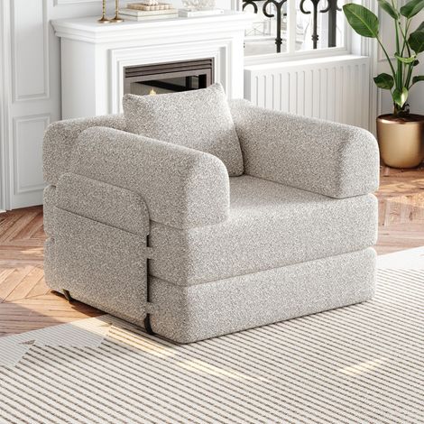 Sillón convertible de 1 plaza, sillón cama con almacenaje en el reposabrazos para salón y estudio, estructura metálica estable en tejido chenilla modular, Caqui (1/5)