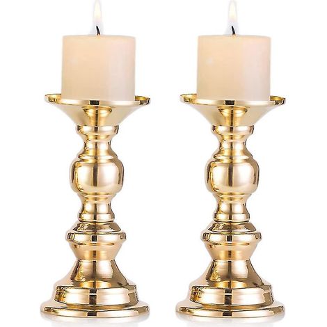 Set mit 2 goldenen Kerzenhaltern aus Metall für Stumpenkerzen, Tischdekoration für Hochzeiten, Kerzenhalter für Kerzen, silberne Dekorationsidee (1/5)