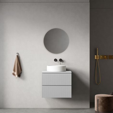 Mobile bagno sospeso cannettato 60 cm Bianco Opaco per Lavabo d'appoggio Specchio Tondo - Fiji Paint Top Canneté