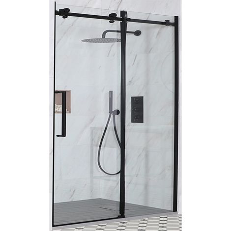 Milano Nero - Black Reversible Frameless Sliding Door Shower Enclosure with Light Grey Slate Effect Tray and Fast Flow Waste - 1200mm x 800mm (1/5)