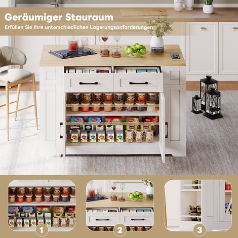 Îlot de cuisine portable 120cm, table pliante, prise secteur, port USB, porte vitrée, roulettes à freins, rangement ouvert (1/5)