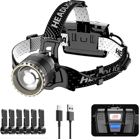 Lampe Frontale LED USB-C rechargeable, super puissante 800 lumens, zoom 3 modes avec capteur, batterie 7800mAh, zoom, étanche IP45, angle réglable, pour le camping [Classe d'efficacité énergétique A++ (1/5)