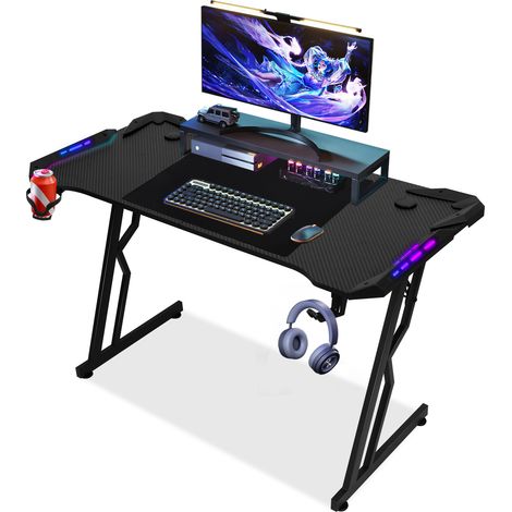 SWANEW Scrivania da gioco 120 x 60 cm, scrivania per gamer con piano in fibra di carbonio, tavolo da gioco ergonomico, nero