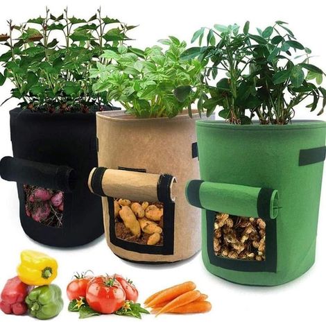 Sacs de culture en terreau, lot de 3, idéaux pour les tomates, les carottes et autres légumes, avec poignées pratiques. (1/4)