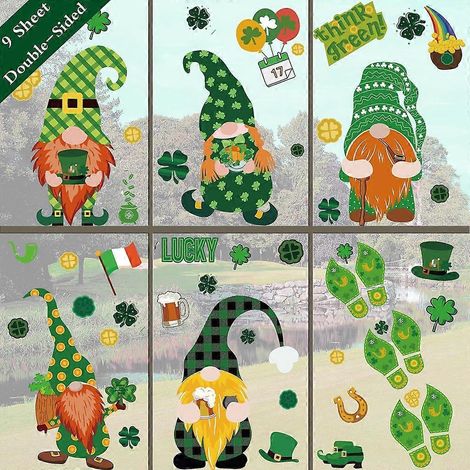 Lot de 9 stickers muraux pour la fête irlandaise, gnomes de Noël et lutins, à poser soi-même sur les fenêtres ou à utiliser comme papier peint. Décoration intérieure à faire soi-même. (1/4)