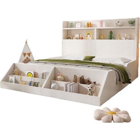 Lit enfant bois 140x200 cm Lit simple avec bibliothèque amovible et veilleuses LED ,étagères- rangements et sommier inclus - bois - Blanc (1/5)