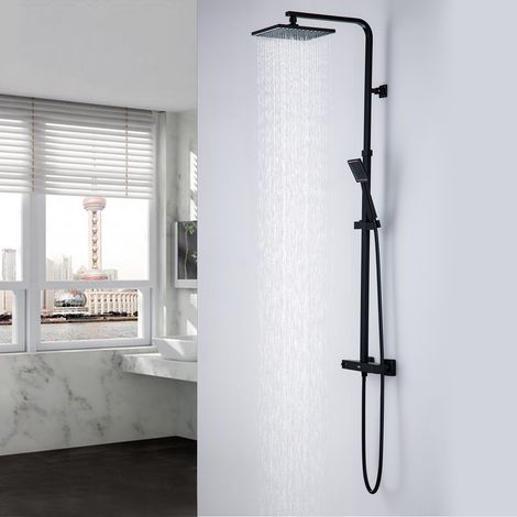 AuraLum Colonne de Douche Thermostatique Noire Ensemble de Douche Mitigeur en Laiton Luxe Léger Moderne Mitigeur Thermostatique avec Tête de Douche de 9 Pouces et Douchette Hauteur Réglable (1/5)